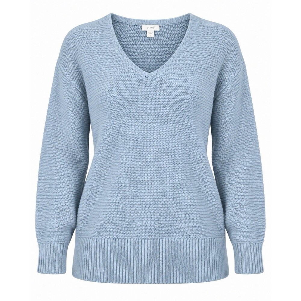 Pure Jill Blue V-Neck Ribbed Cotton Blend Sweater Medium
